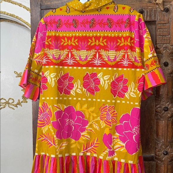 Farm Rio Floral Striped Shirtdress Size L Yellow Pink Maxi Missing Belt - Picture 8 of 9